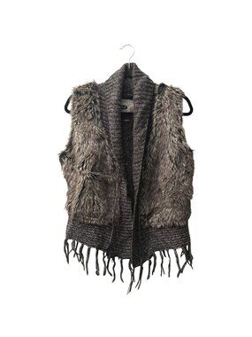 C&A Shaggy Faux Fur Knit Fringe Sweater Vest L XL Boho Y2K Shawl Collar Open